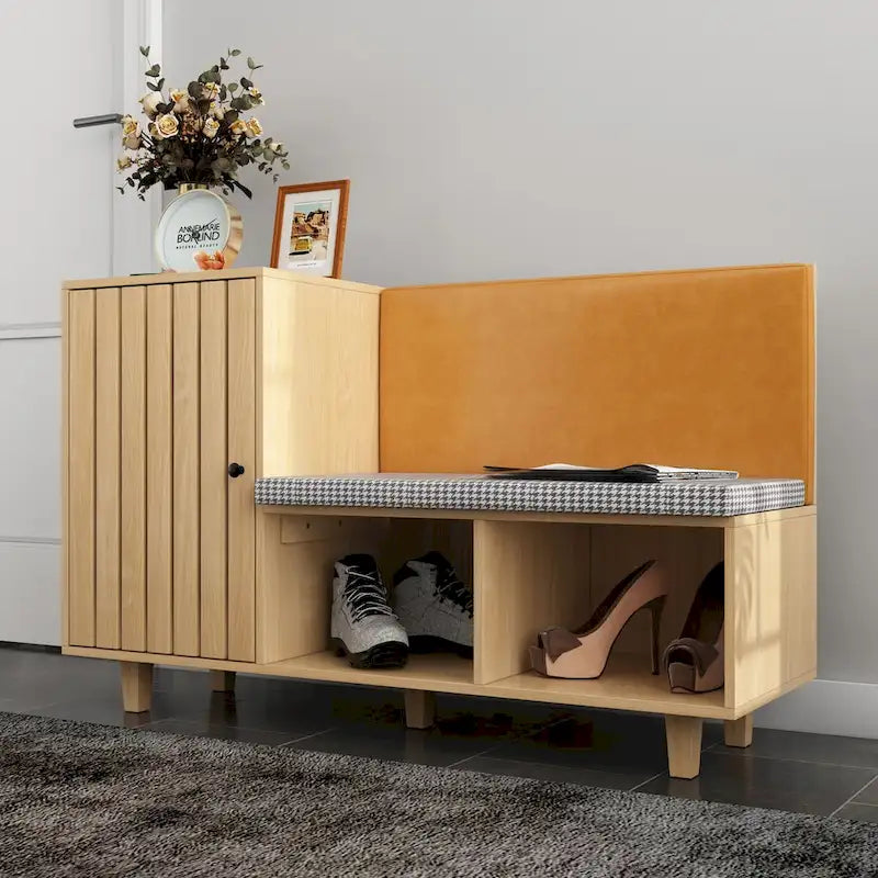 Banc à chaussures d'entrée en bois naturel avec coussin en pied-de-poule et dossier en PU, 1 place