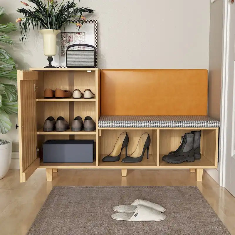 Banc à chaussures d'entrée en bois naturel avec coussin en pied-de-poule et dossier en PU, 1 place