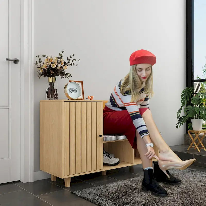 Banc à chaussures d'entrée en bois naturel avec coussin en pied-de-poule et dossier en PU, 1 place