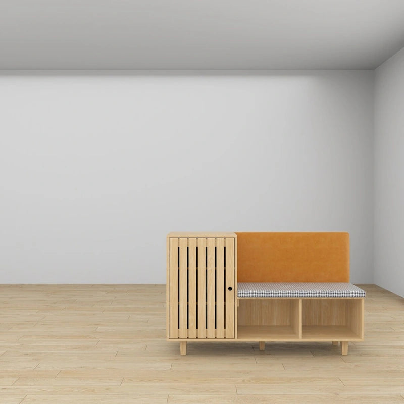 Banc à chaussures d'entrée en bois naturel avec coussin en pied-de-poule et dossier en PU, 1 place