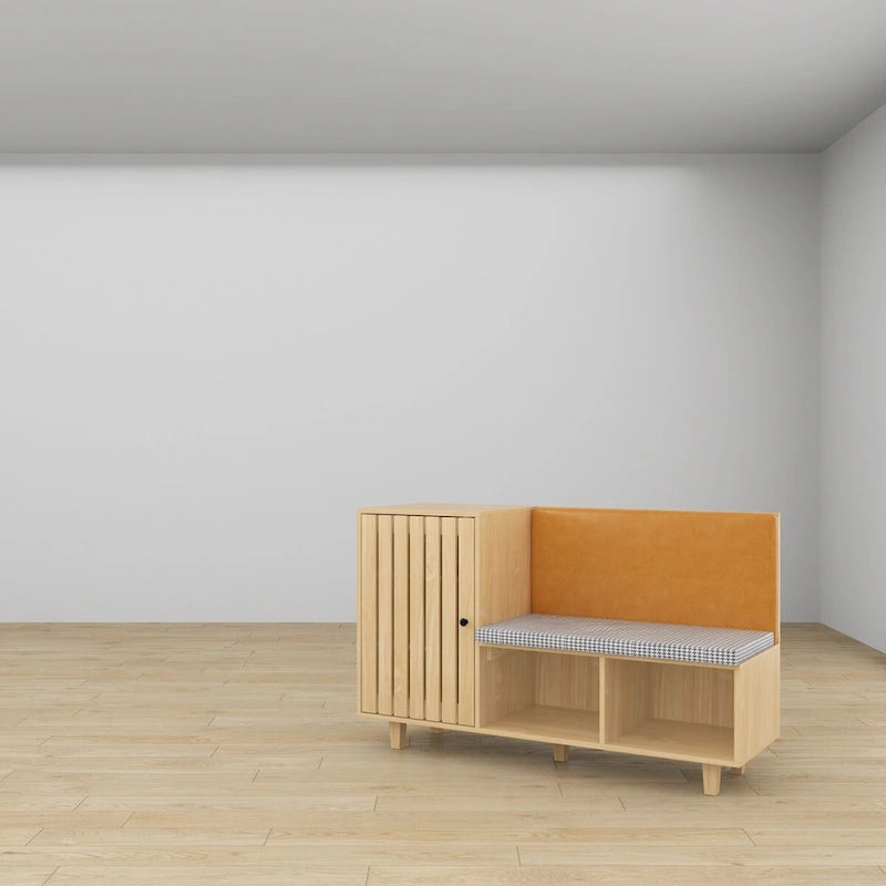 Banc à chaussures d'entrée en bois naturel avec coussin en pied-de-poule et dossier en PU, 1 place