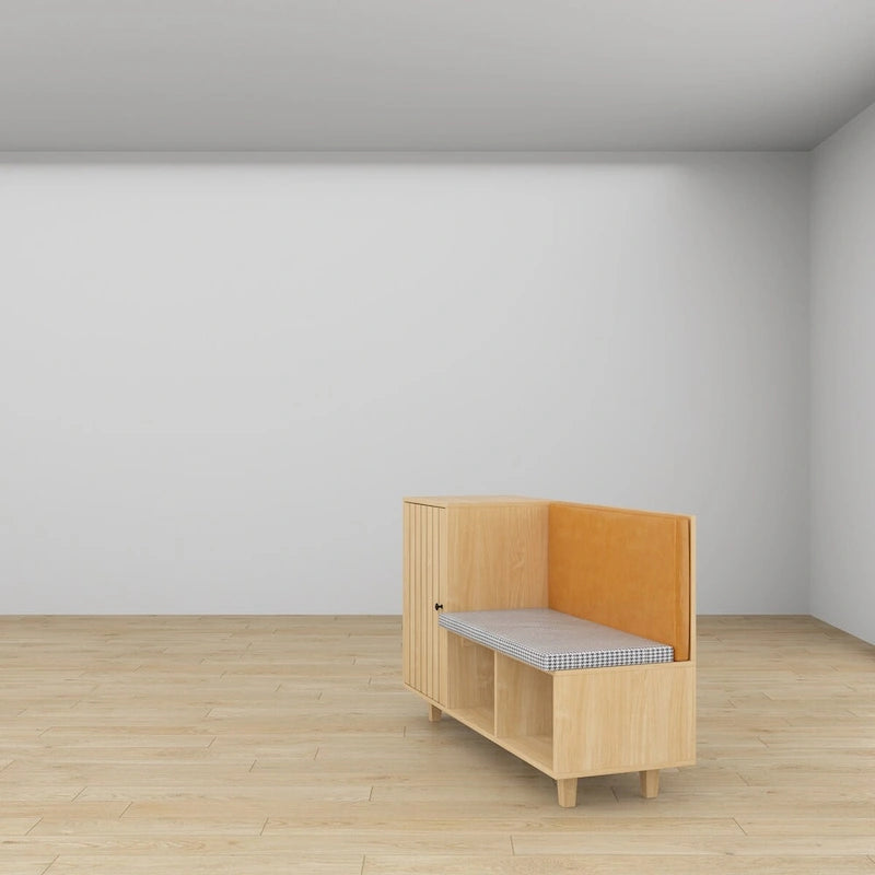 Banc à chaussures d'entrée en bois naturel avec coussin en pied-de-poule et dossier en PU, 1 place
