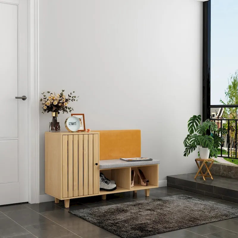 Banc à chaussures d'entrée en bois naturel avec coussin en pied-de-poule et dossier en PU, 1 place