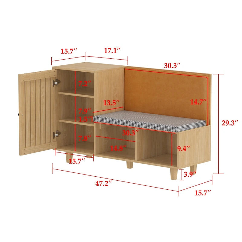 Banc à chaussures d'entrée en bois naturel avec coussin en pied-de-poule et dossier en PU, 1 place