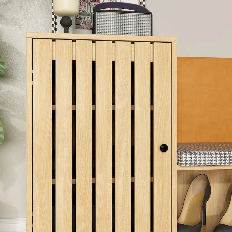 Banc à chaussures d'entrée en bois naturel avec coussin en pied-de-poule et dossier en PU, 1 place