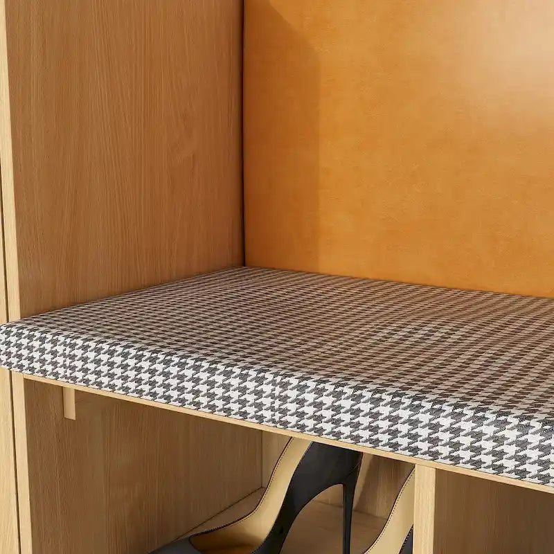 Banc à chaussures d'entrée en bois naturel avec coussin en pied-de-poule et dossier en PU, 1 place