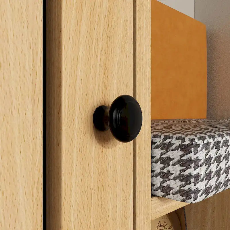 Banc à chaussures d'entrée en bois naturel avec coussin en pied-de-poule et dossier en PU, 1 place