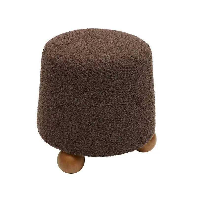 Petit tabouret en tissu bouclette marron chocolat avec pieds sphériques en bois
