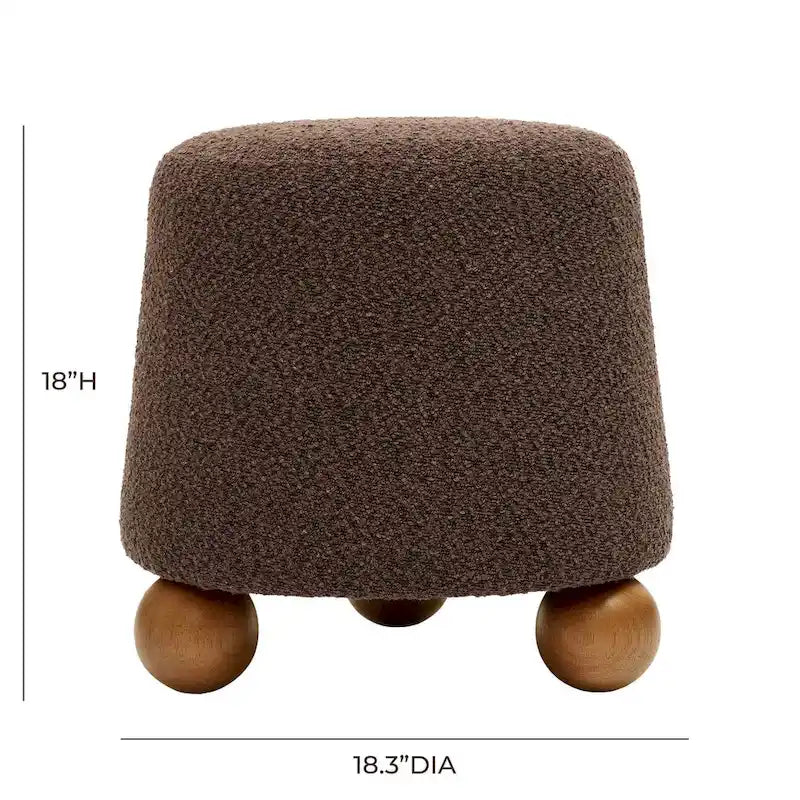 Petit tabouret en tissu bouclette marron chocolat avec pieds sphériques en bois