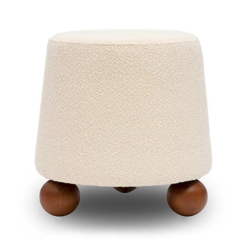 Petit tabouret en tissu bouclette marron chocolat avec pieds sphériques en bois