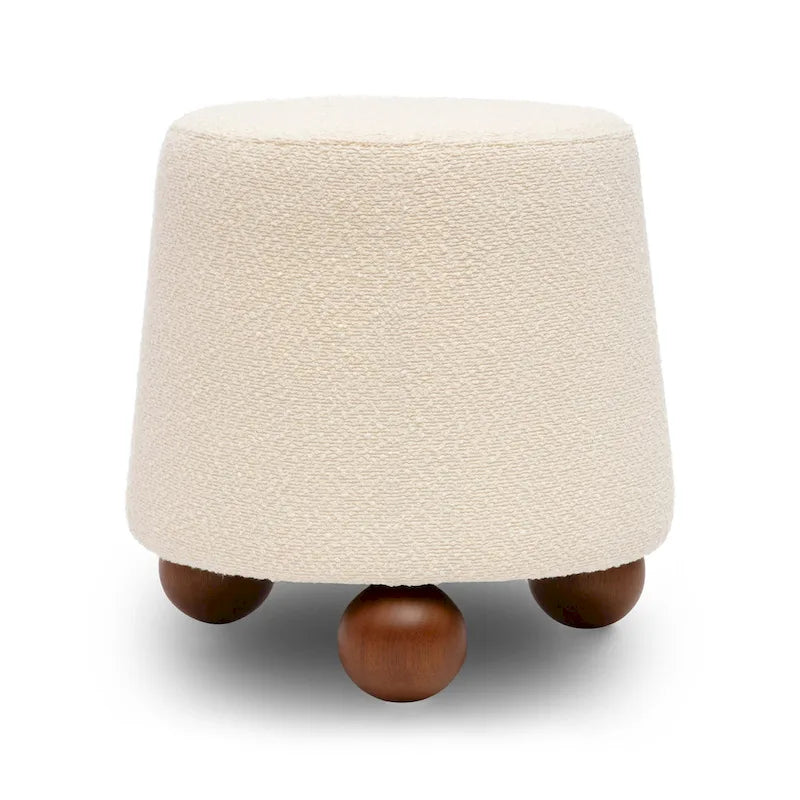 Petit tabouret en tissu bouclette marron chocolat avec pieds sphériques en bois