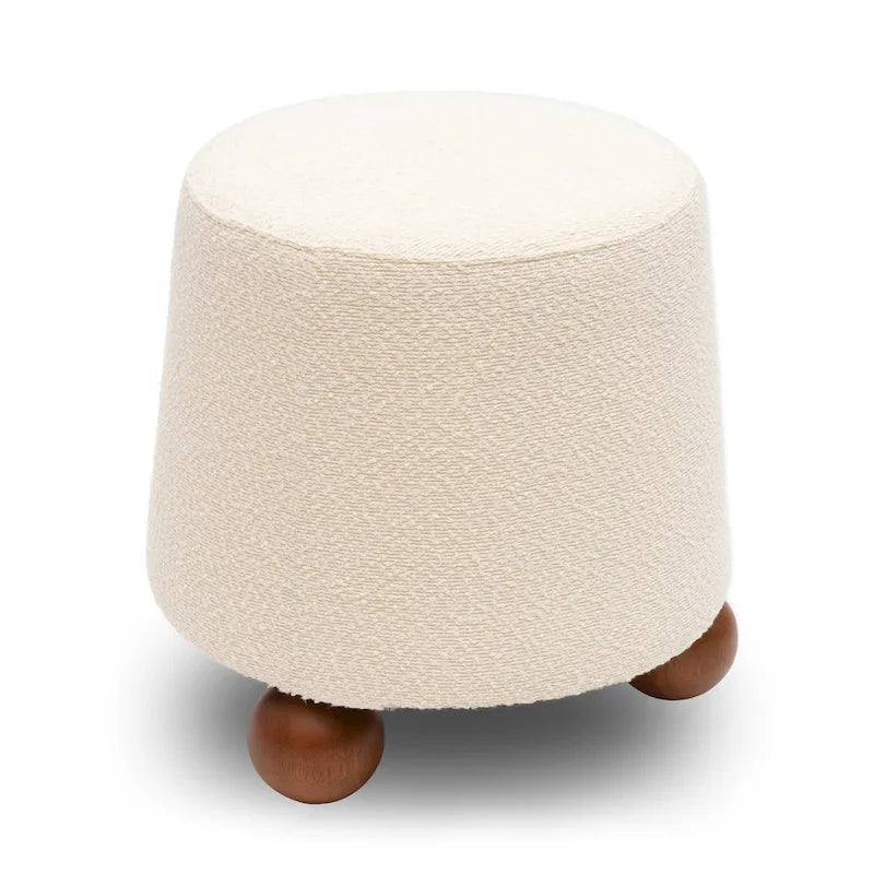 Petit tabouret en tissu bouclette marron chocolat avec pieds sphériques en bois