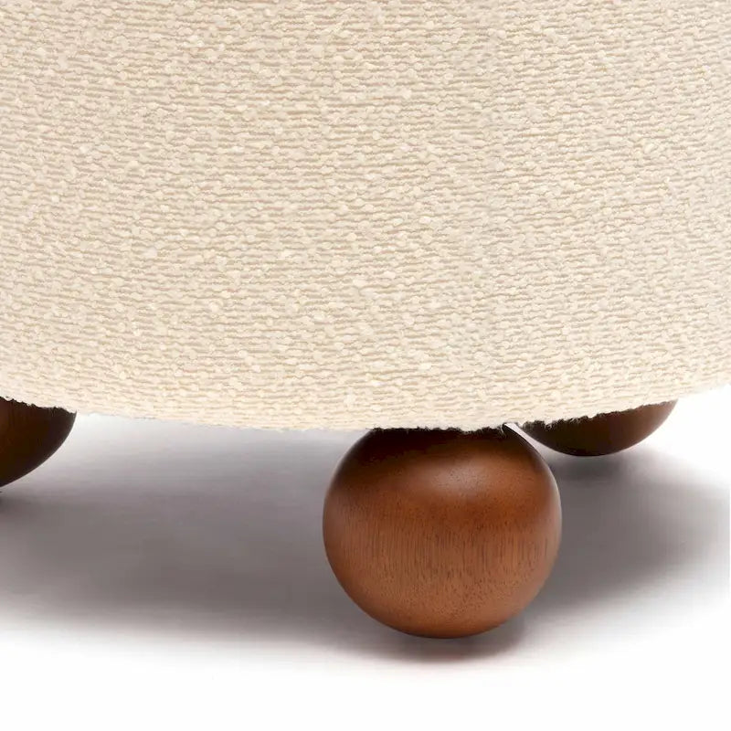 Petit tabouret en tissu bouclette marron chocolat avec pieds sphériques en bois