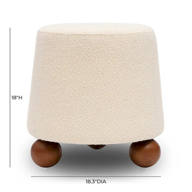 Petit tabouret en tissu bouclette marron chocolat avec pieds sphériques en bois