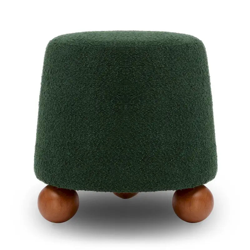 Petit tabouret en tissu bouclette marron chocolat avec pieds sphériques en bois