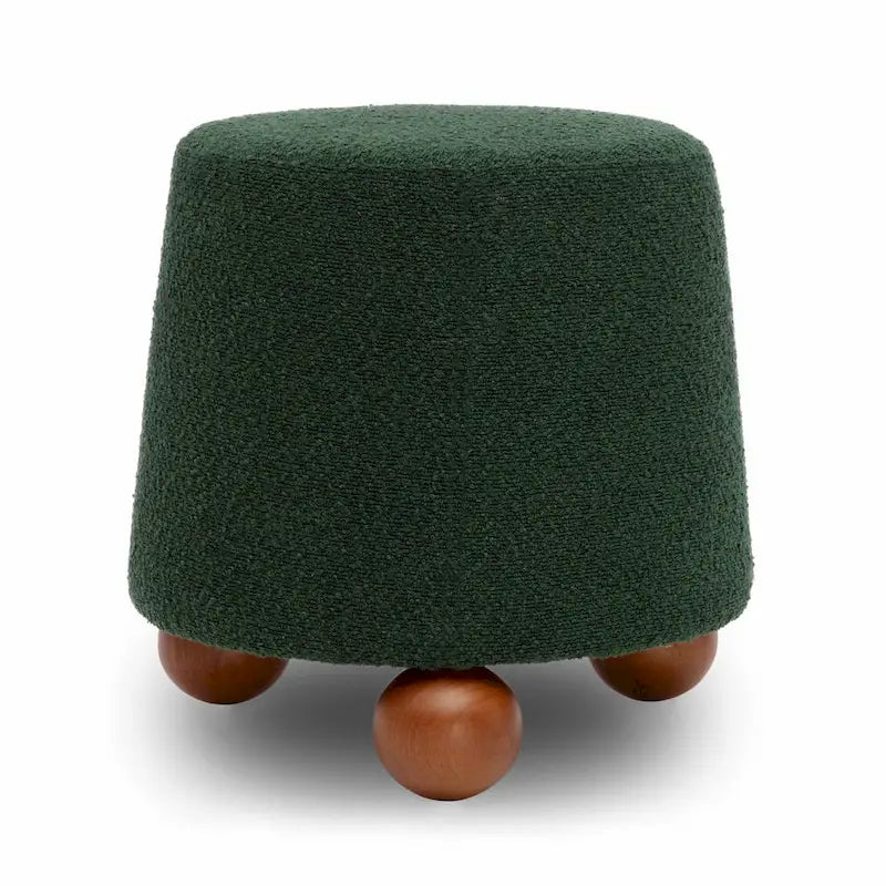 Petit tabouret en tissu bouclette marron chocolat avec pieds sphériques en bois