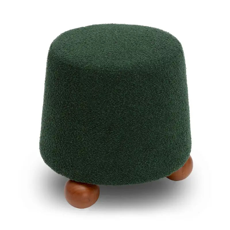 Petit tabouret en tissu bouclette marron chocolat avec pieds sphériques en bois