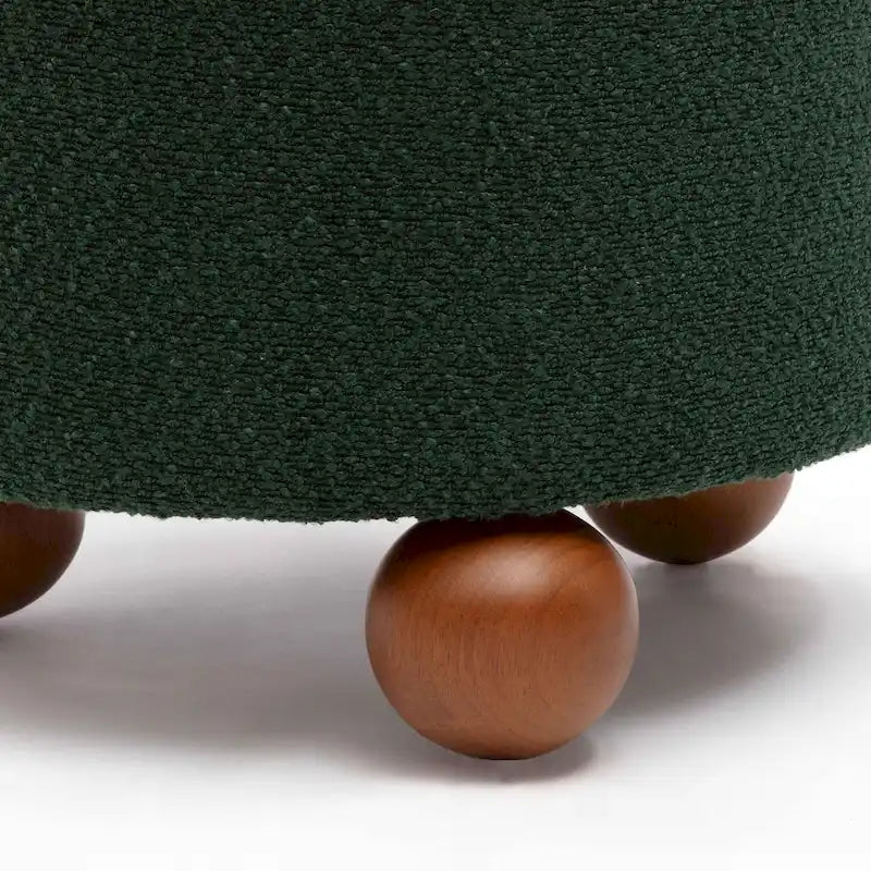 Petit tabouret en tissu bouclette marron chocolat avec pieds sphériques en bois