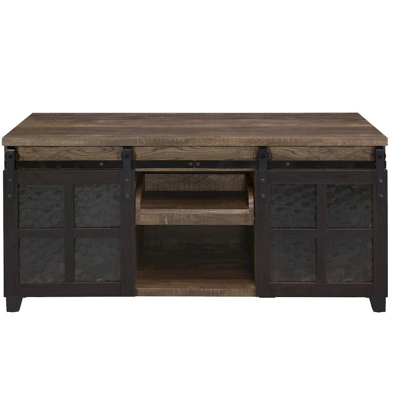Table basse industrielle chêne antique et noir avec 2 portes coulissantes vitrées et tiroir de service