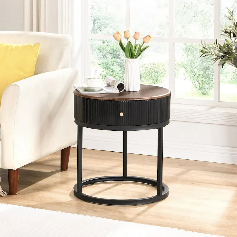 Table d'appoint ronde noire/blanche en pierre frittée avec tiroir et structure en métal