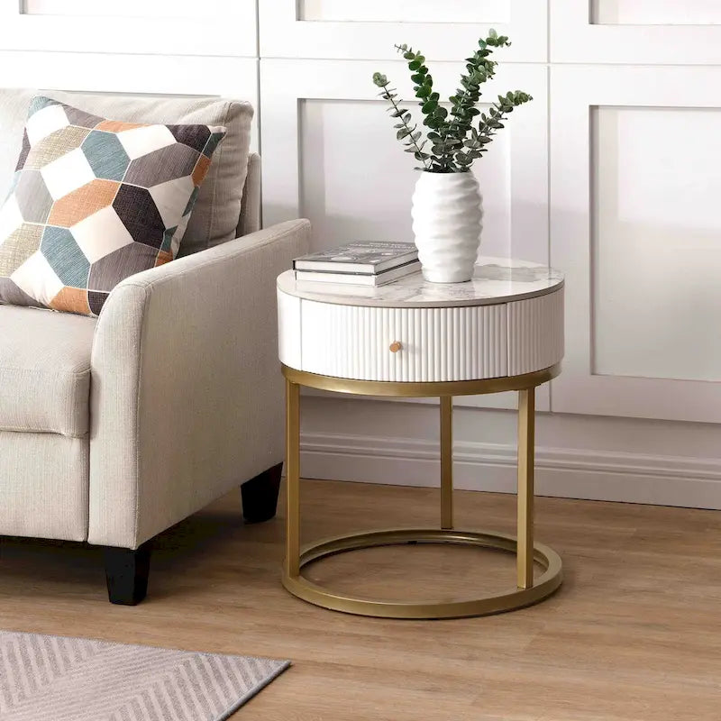 19.68 Inch Marble Round End Table with storage, Modern Nightstand with Drawer, Side Table for Living Room&Bedroom