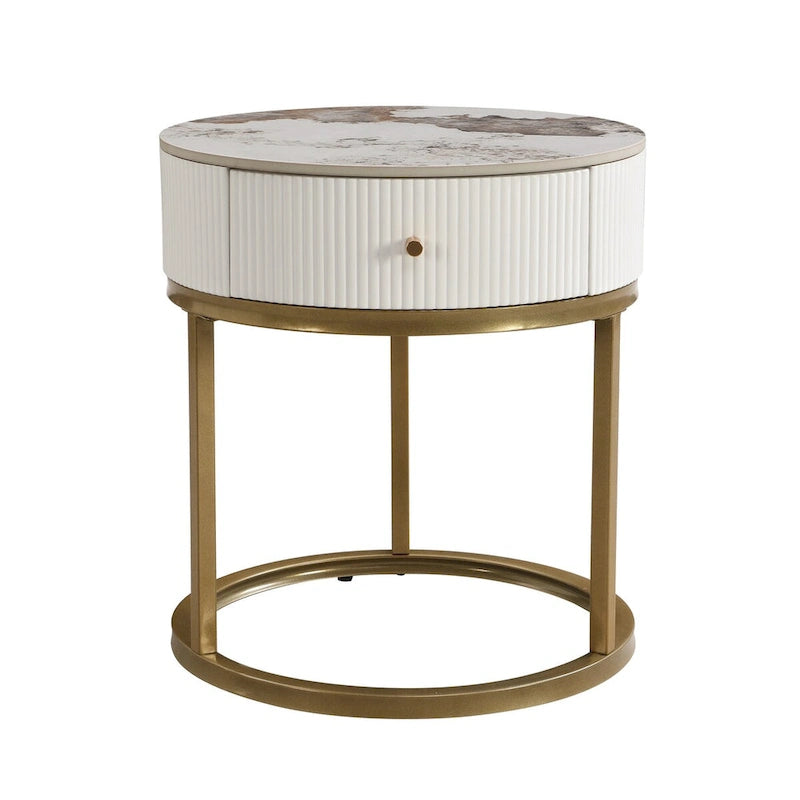 Table d'appoint ronde noire/blanche en pierre frittée avec tiroir et structure en métal