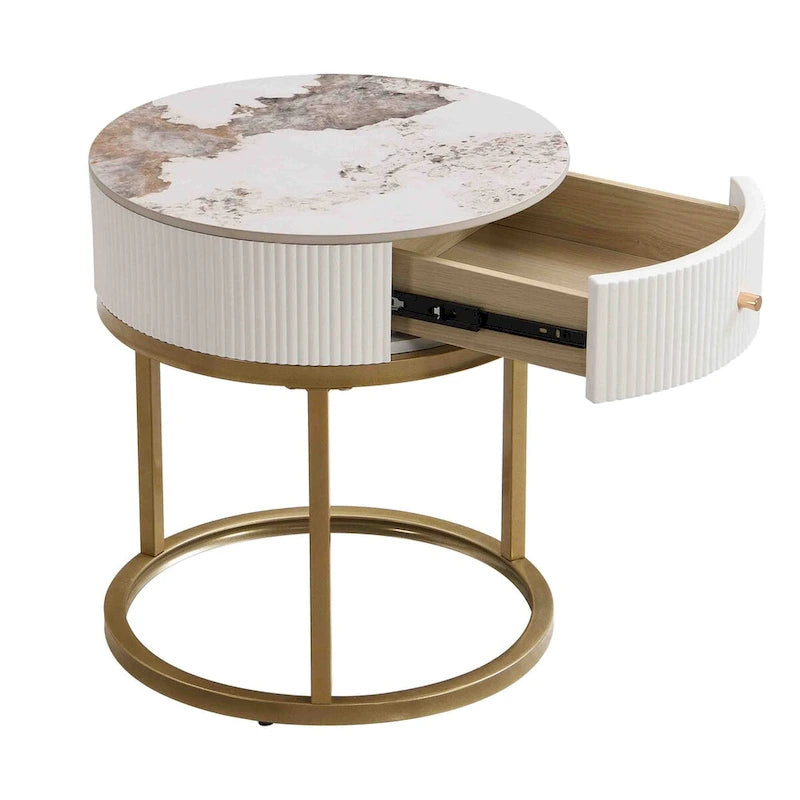 Table d'appoint ronde noire/blanche en pierre frittée avec tiroir et structure en métal