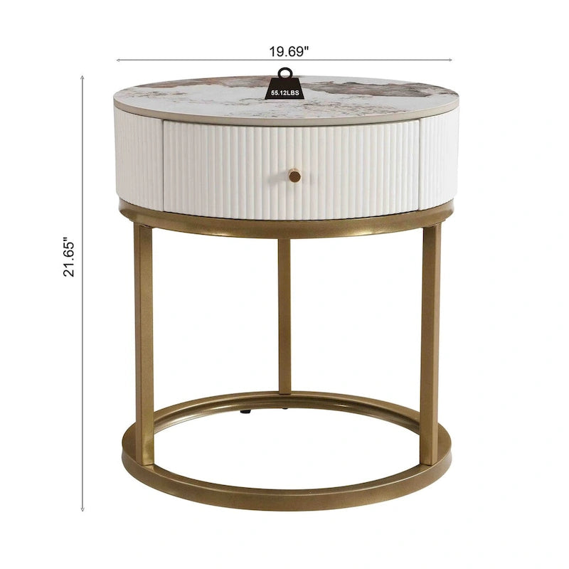 Table d'appoint ronde noire/blanche en pierre frittée avec tiroir et structure en métal