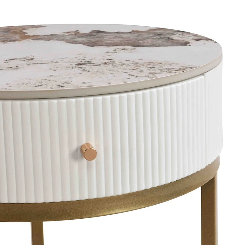 Table d'appoint ronde noire/blanche en pierre frittée avec tiroir et structure en métal