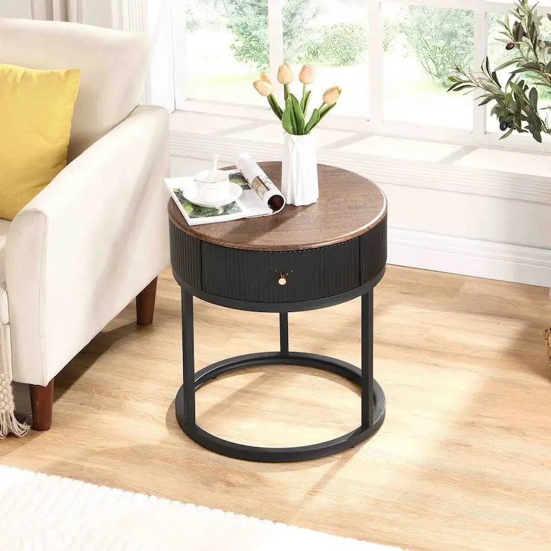 Table d'appoint ronde noire/blanche en pierre frittée avec tiroir et structure en métal