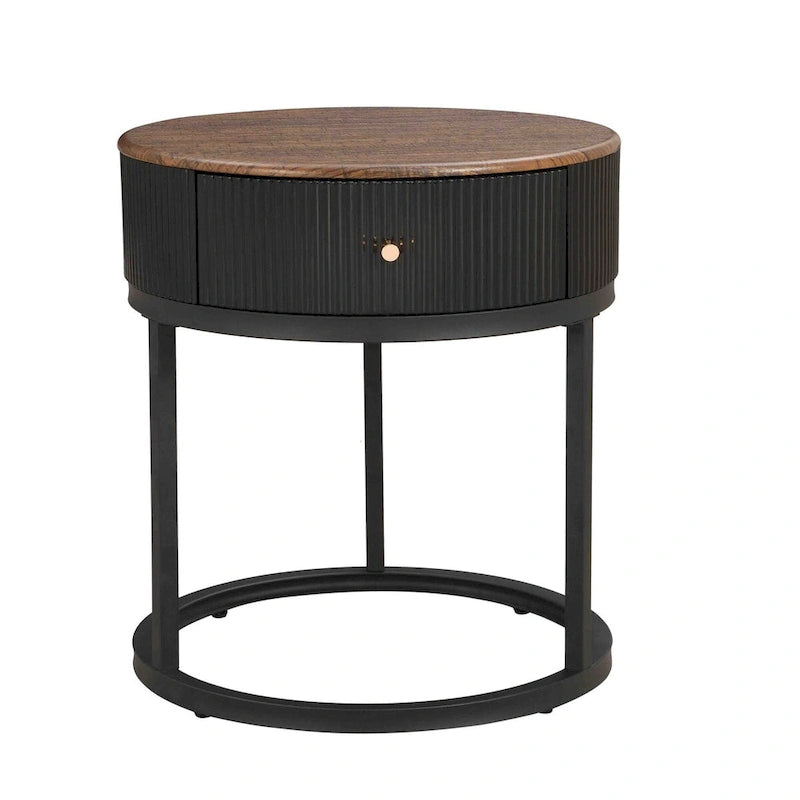 Table d'appoint ronde noire/blanche en pierre frittée avec tiroir et structure en métal