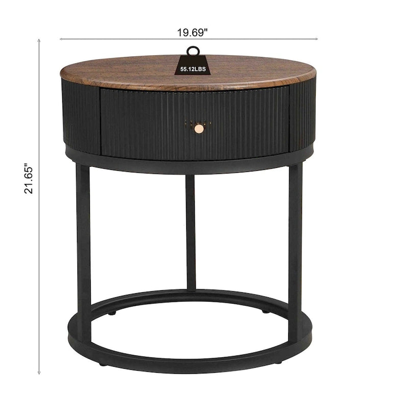 Table d'appoint ronde noire/blanche en pierre frittée avec tiroir et structure en métal
