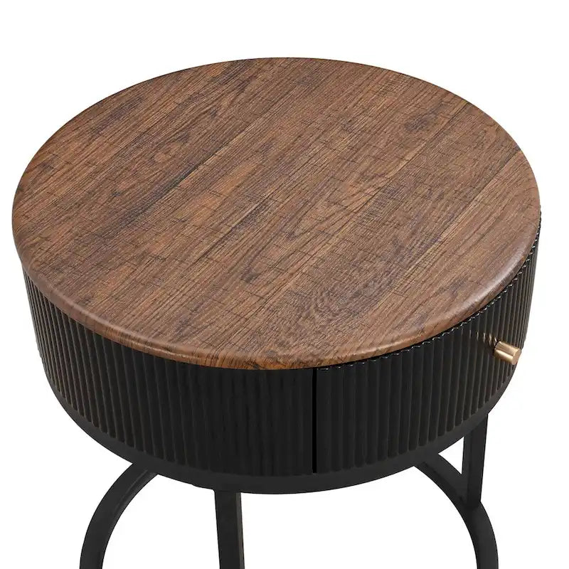Table d'appoint ronde noire/blanche en pierre frittée avec tiroir et structure en métal