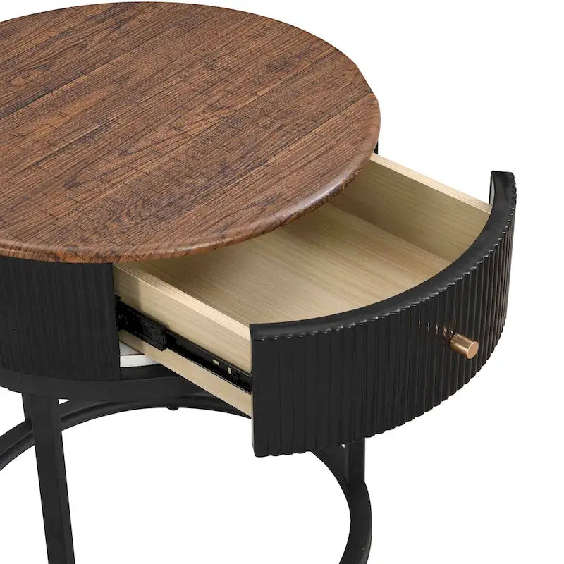 Table d'appoint ronde noire/blanche en pierre frittée avec tiroir et structure en métal