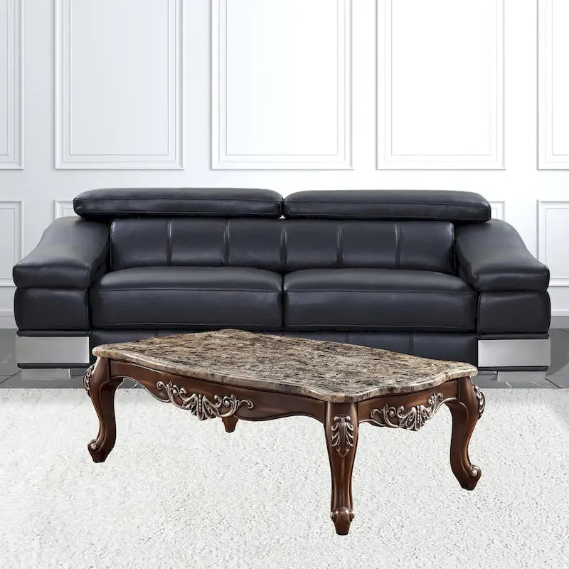 Table basse rectangulaire Brown & Oak de 57 po avec dessus en faux marbre et pieds Queen Anne