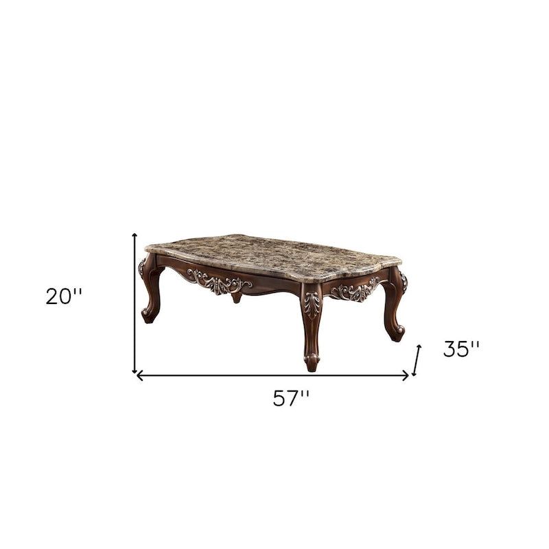 Table basse rectangulaire Brown & Oak de 57 po avec dessus en faux marbre et pieds Queen Anne