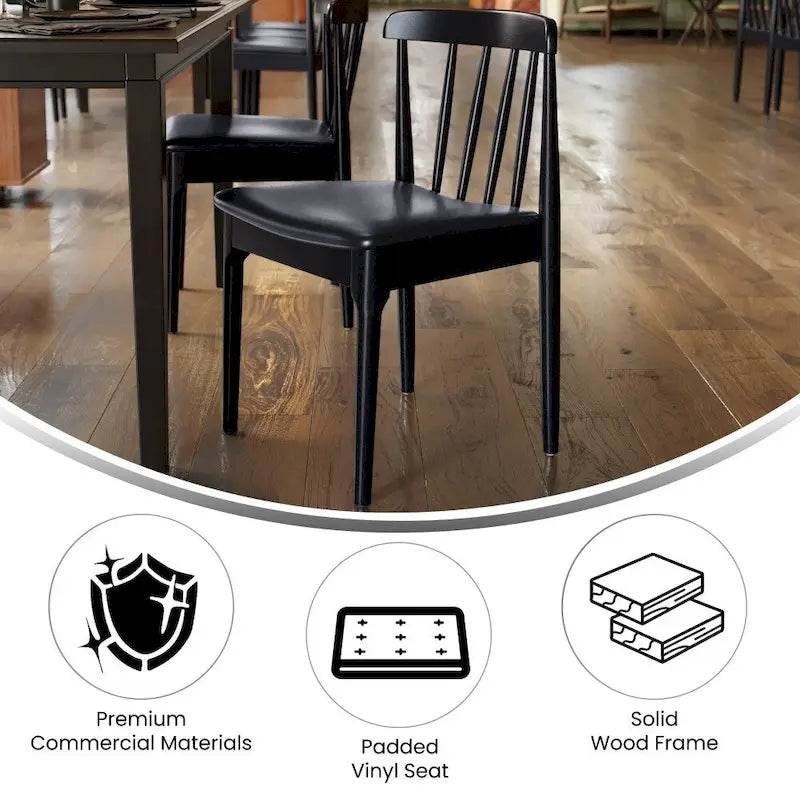 Chaise de salle à manger en hêtre massif marron/blanc antique ou noir avec dossier incurvé à fuseaux et assise rembourrée en vinyle, pour 1 personne