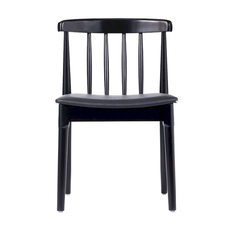 Chaise de salle à manger en hêtre massif marron/blanc antique ou noir avec dossier incurvé à fuseaux et assise rembourrée en vinyle, pour 1 personne