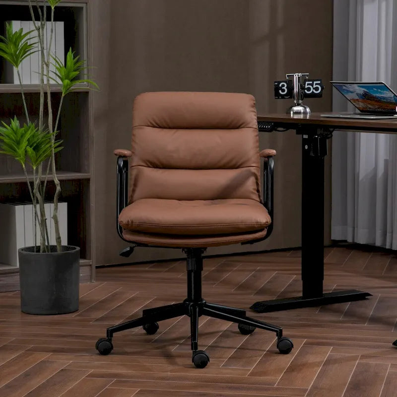 Chaise de bureau ergonomique en cuir PU noir/marron mi-dossier, avec dossier inclinable, hauteur et accoudoirs réglables et roulettes, pour 1 personne