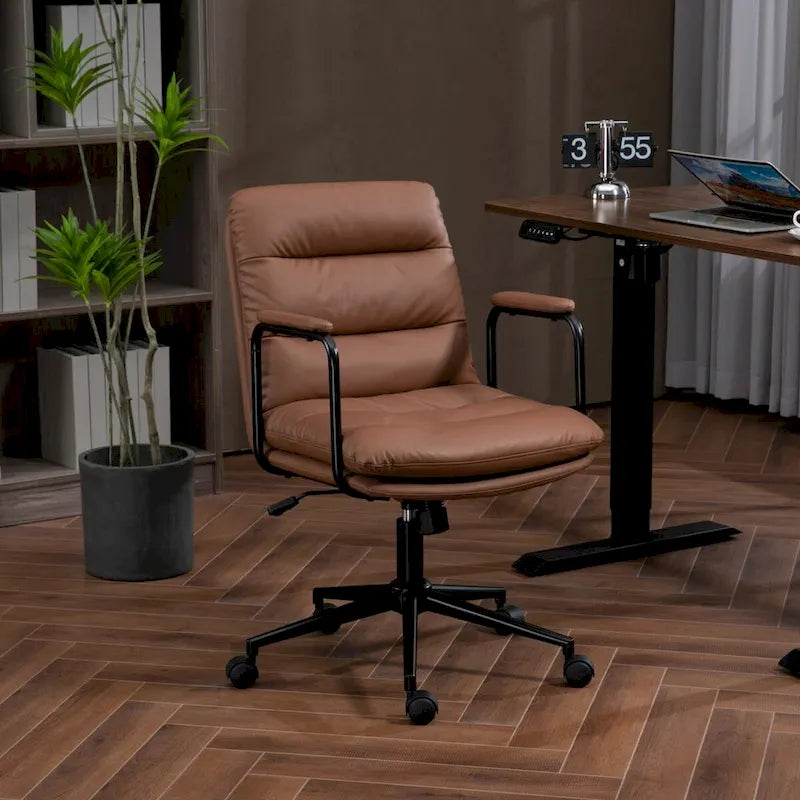 Chaise de bureau ergonomique en cuir PU noir/marron mi-dossier, avec dossier inclinable, hauteur et accoudoirs réglables et roulettes, pour 1 personne