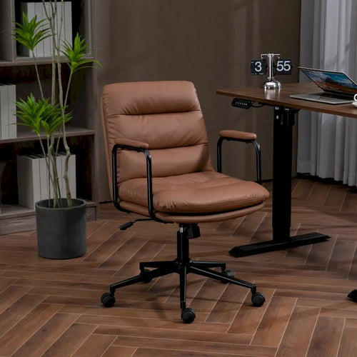 Chaise de bureau ergonomique en cuir PU noir/marron mi-dossier, avec dossier inclinable, hauteur et accoudoirs réglables et roulettes, pour 1 personne