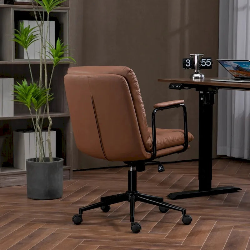Chaise de bureau ergonomique en cuir PU noir/marron mi-dossier, avec dossier inclinable, hauteur et accoudoirs réglables et roulettes, pour 1 personne