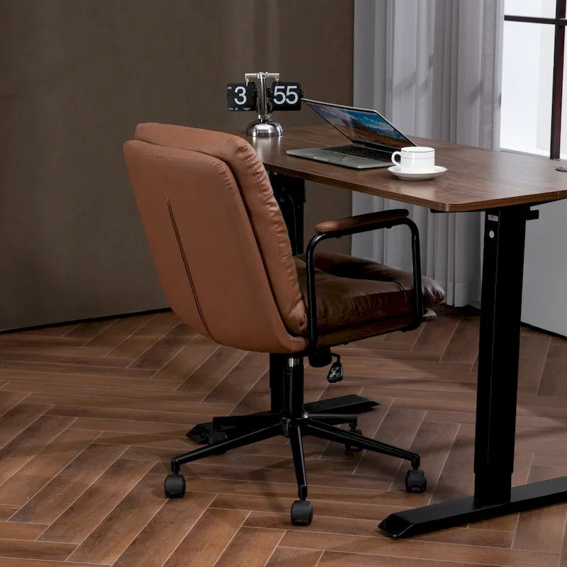 Chaise de bureau ergonomique en cuir PU noir/marron mi-dossier, avec dossier inclinable, hauteur et accoudoirs réglables et roulettes, pour 1 personne