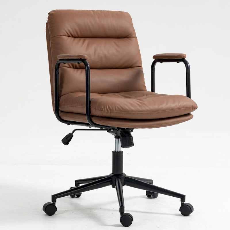 Chaise de bureau ergonomique en cuir PU noir/marron mi-dossier, avec dossier inclinable, hauteur et accoudoirs réglables et roulettes, pour 1 personne