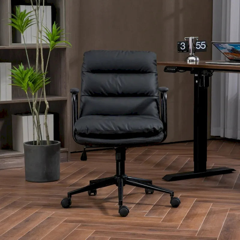Chaise de bureau ergonomique en cuir PU noir/marron mi-dossier, avec dossier inclinable, hauteur et accoudoirs réglables et roulettes, pour 1 personne