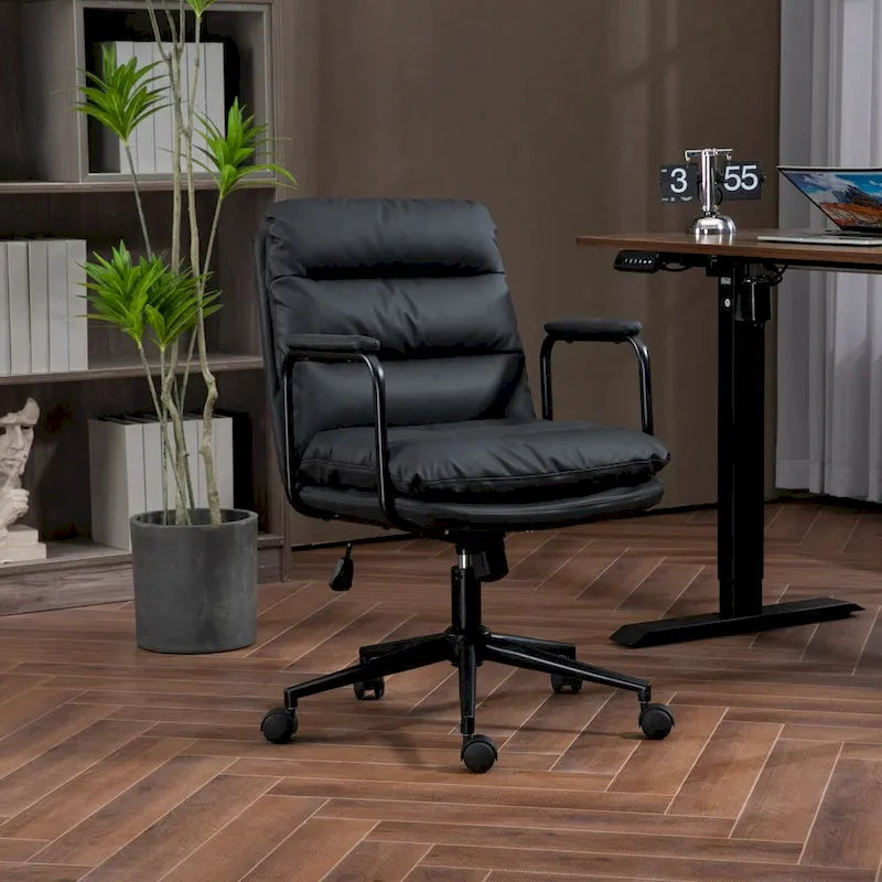 Chaise de bureau ergonomique en cuir PU noir/marron mi-dossier, avec dossier inclinable, hauteur et accoudoirs réglables et roulettes, pour 1 personne