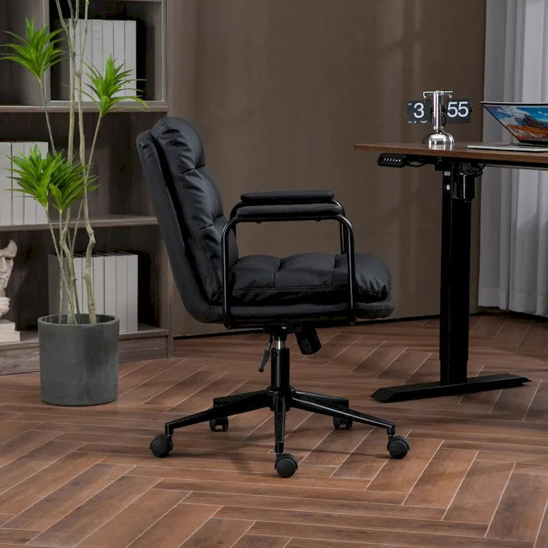 Chaise de bureau ergonomique en cuir PU noir/marron mi-dossier, avec dossier inclinable, hauteur et accoudoirs réglables et roulettes, pour 1 personne