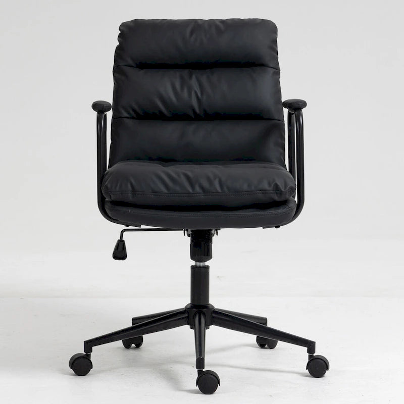 Chaise de bureau ergonomique en cuir PU noir/marron mi-dossier, avec dossier inclinable, hauteur et accoudoirs réglables et roulettes, pour 1 personne