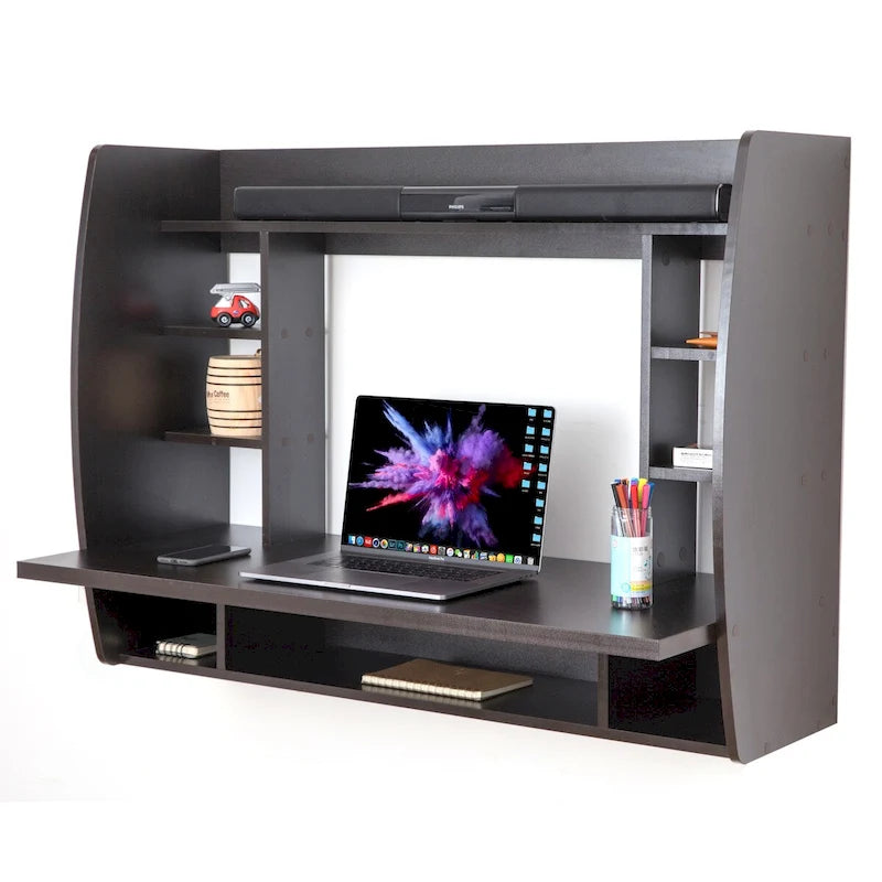 Bureau flottant mural avec étagères, 1 place, Noir/Brun/Blanc