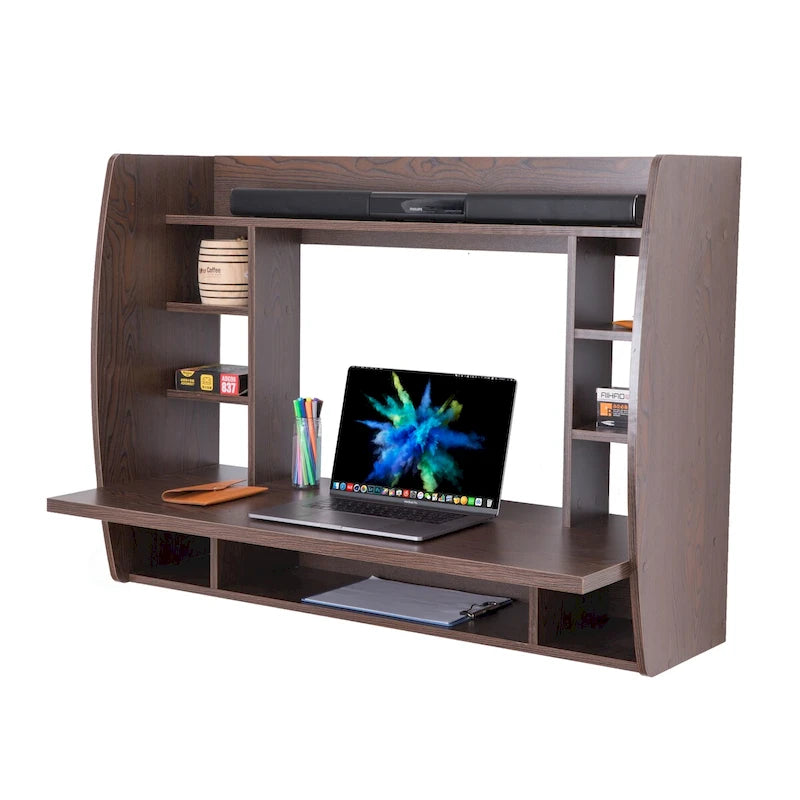 Bureau flottant mural avec étagères, 1 place, Noir/Brun/Blanc